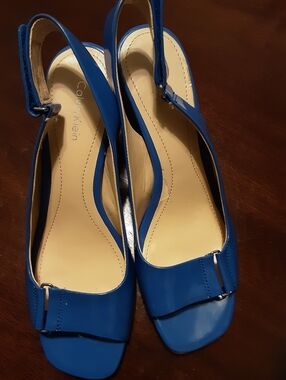 Calvin Klein Royal Blue Patent Slingback Block Heels Size 7